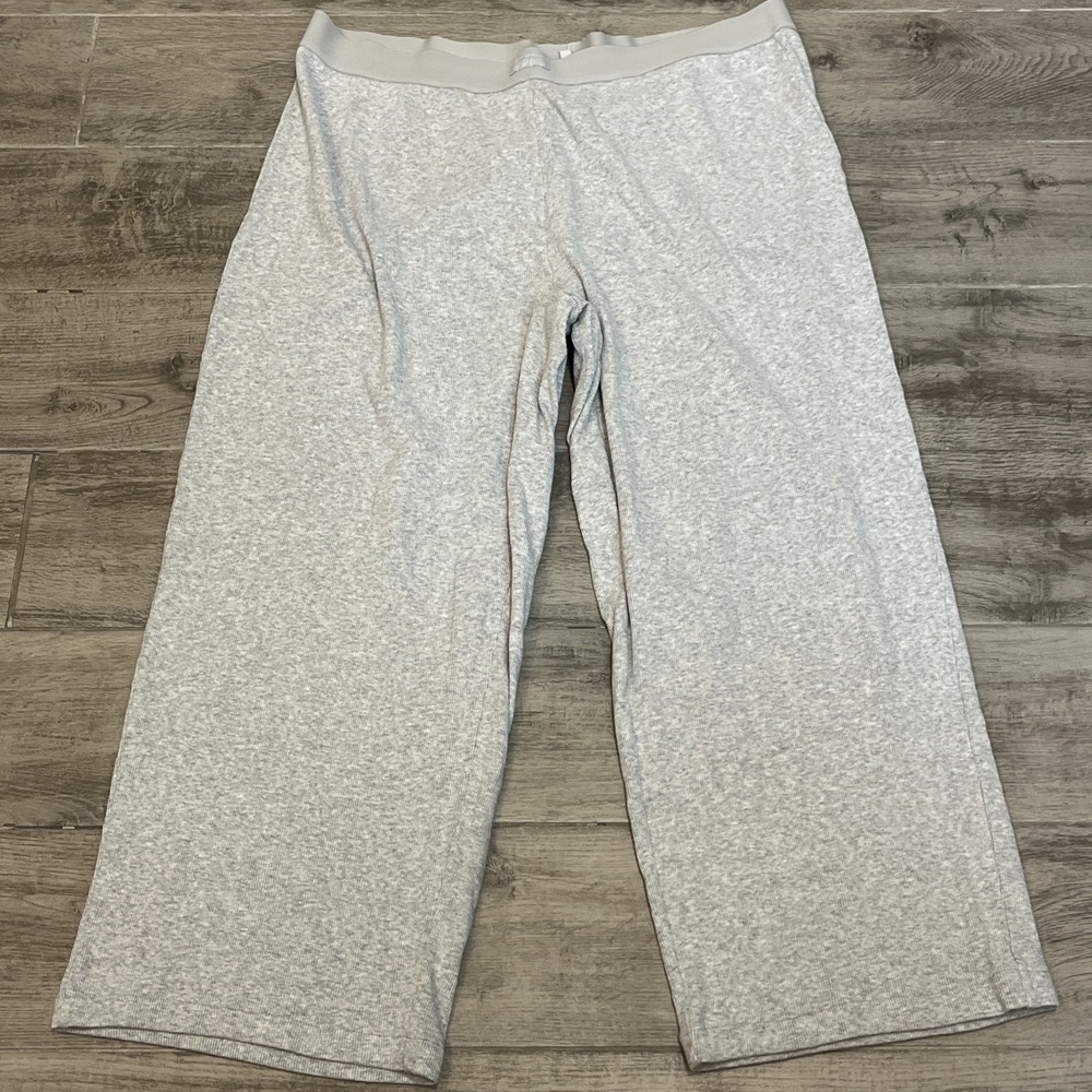 SKIMS Cotton Ribbed Heather Gray Elastic Waist Pull On Wide Leg Pants Size XL